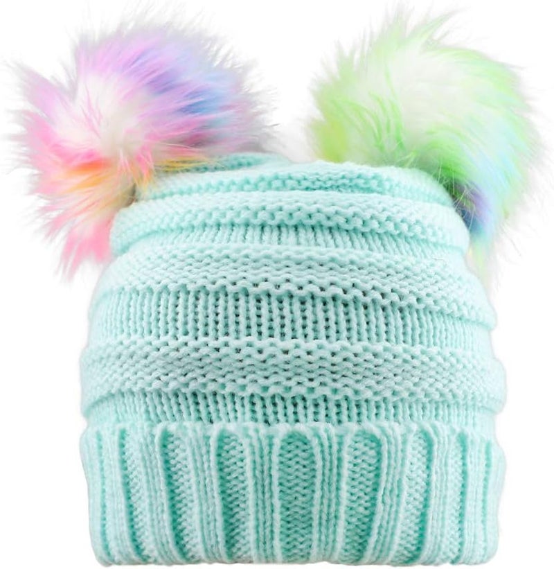 ACTLATI Kids Winter Knitted Beanie Hat Colorful Pompom Ears Ski Hat for Boy Girl(Ages 7-12) - Image 1
